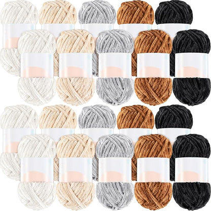 Woanger 20 Skeins Soft Chenille Yarn Velvet Blanket Yarn for Crocheting Hand Knitting Weaving DIY Craft, 10 Colors, 93 Yards Each (Earth Tone)