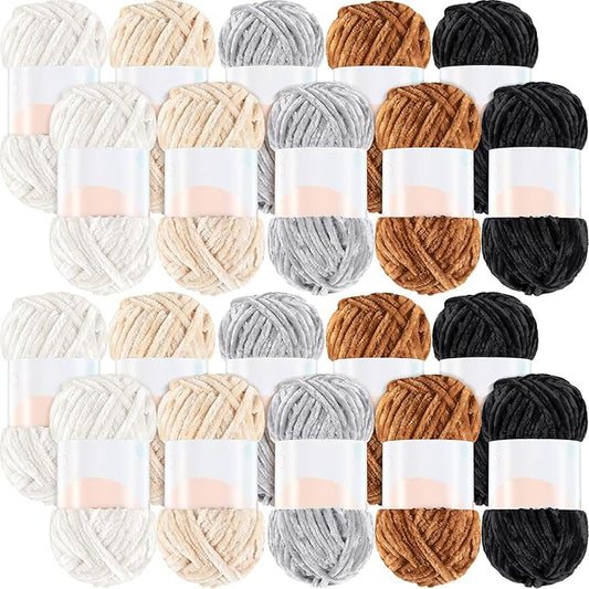 Woanger 20 Skeins Soft Chenille Yarn Velvet Blanket Yarn for Crocheting Hand Knitting Weaving DIY Craft, 10 Colors, 93 Yards Each (Earth Tone)