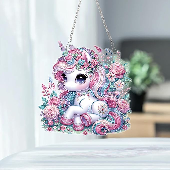 AiYuanzsh Unicorn Diamond Painting Hanging Decoration – 5D DIY Large Diamond Art Kit for Adults, Pink Fantasy Unicorn Resting in Floral Meadow, 24.5 x 25cm Wall Ornament for Room, Gift & Home Decor