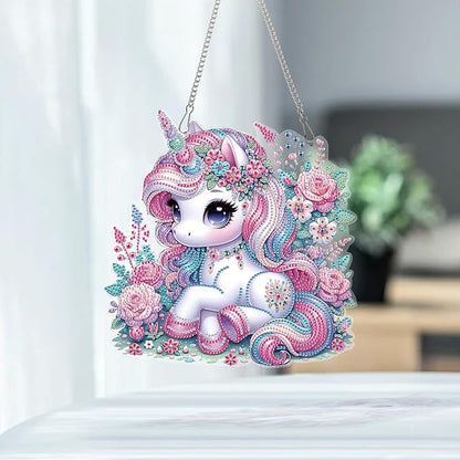 AiYuanzsh Unicorn Diamond Painting Hanging Decoration – 5D DIY Large Diamond Art Kit for Adults, Pink Fantasy Unicorn Resting in Floral Meadow, 24.5 x 25cm Wall Ornament for Room, Gift & Home Decor