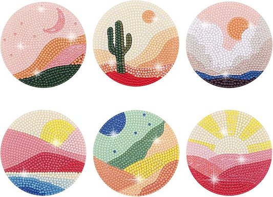 Temlum 6 Pcs Diamond Painting Coasters Kit, Abstract Landscape Diamond Art Coasters for Beginners, Adults Small Diamond Painting Kit Art Craft Supplies