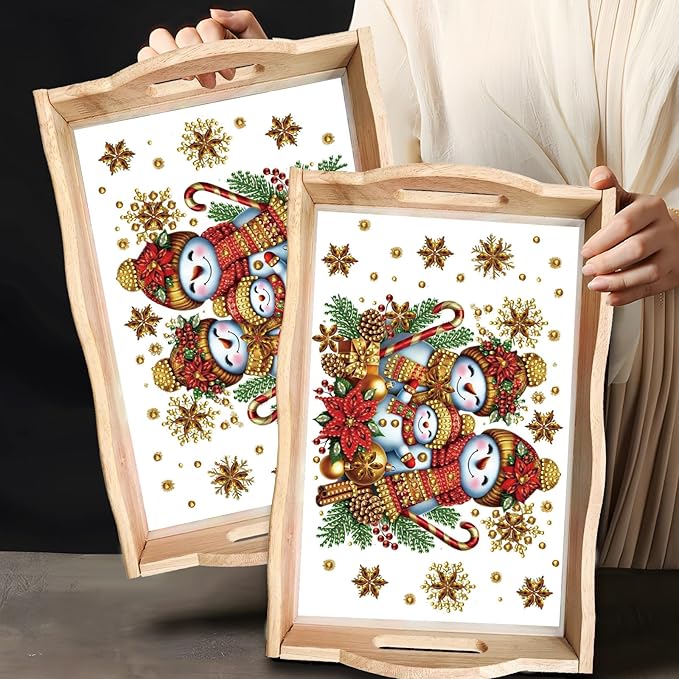 DIY Diamond Art Painting Wooden Tray Kit, Food Tray with Handle Diamond Painted Table Decoration Tray, for Breakfast, Bar Dinner Table Diamond Dots Gem Painting Art Set for Beginners-Snowman4