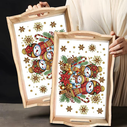 DIY Diamond Art Painting Wooden Tray Kit, Food Tray with Handle Diamond Painted Table Decoration Tray, for Breakfast, Bar Dinner Table Diamond Dots Gem Painting Art Set for Beginners-Snowman4
