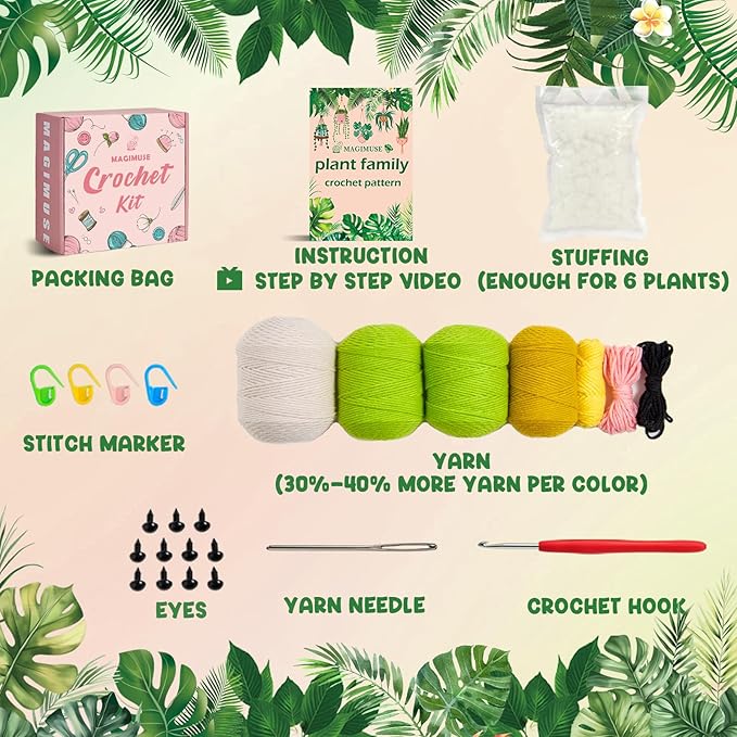 MAGIMUSE Crochet Kit for Beginners,Crochet Starter Kits with Step-by-Step Video Tutorials, DIY Craft Kits Amigurumi Knitting Supplies, Monstera Plant Family (40%+ Yarn)
