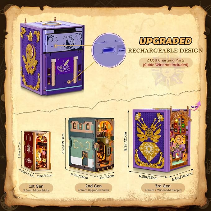INSOON Upgraded Mystic Divination Book Nook Building Set with Rechargeable Lights, 1447 PCS DIY Magic Booknook Building Block Kit Home Decor, Miniature Book House Model Gift for Adults Boys Girls 12+