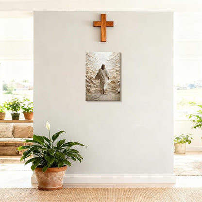 WENGTIAO Jesus Canvas Wall Art Prints Christian Spiritual Wall Painting Jesus Walking on Water Picture Poster Bible Religious Artwork for Bedroom Prayer Room Church Baptism Gifts 12x16 inch
