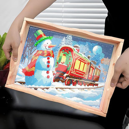 FGbaby DIY 5D Snowman Train Diamond Painting Wood Serving Tray with Handles Diamond Art Decor Serving Trays Wooden Tray for Breakfast in Bed, Patio, BBQ, Coffee Table, Party –Great for Lap & Couch