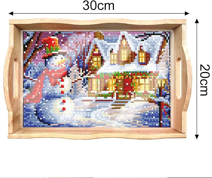 FGbaby DIY 5D Snowman House Diamond Painting Wood Serving Tray with Handles - Diamond Art Decor for Breakfast, Patio, BBQ, Coffee Table, Party