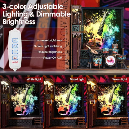 Foyucool DIY Book Nook Kit, Miniature Bookshelf Decor with LED Lights, Laser-Cut Wooden Craft Set for Adults, Creative Gift for Christmas, Birthday, Music House