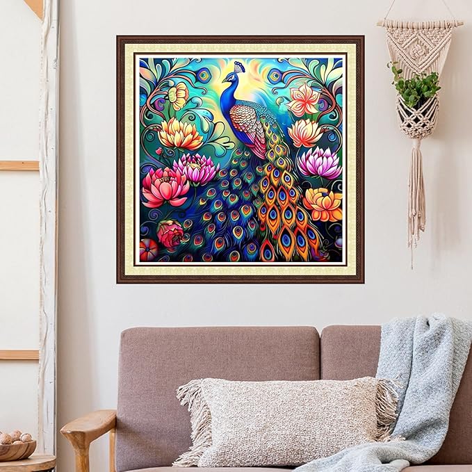 Joycasa Stamped Cross Stitch Kits for Beginners Full Range of Cross Stitching 11 CT Printed Cross Stitch Kit for Adults Cross-Stitch Patterns Needlepoint Kits-Colorful Peacock Flower 18x18 inchs