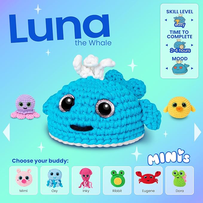 Cookie Box Crochet Kit for Beginners – Gift Set to Make Whale Luna Amigurumi Plushie – Easy DIY Crochet & Knitting Starter Kit with Printed Instructions & Step-by-Step Video Tutorial