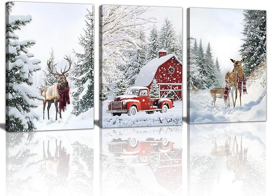 WENGTIAO Christmas Canvas Wall Art 3Pcs Winter Snowy Forest Prints Posters Red Truck Cabin Paintings Reindeer Pictures Vintage Xmas Artwork for Living Room Bedroom Bathroom Office 16”x24”x3