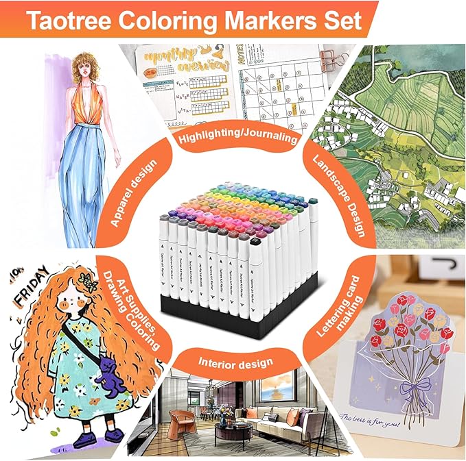 Taotree Alcohol Markers Set 80 Colors with Case & Holders, Dual Tips Art Coloring Markers Pens Set, Chisel & Fine Sketch Pens Art Supplies for Artist Adult Coloring Book Drawing, Painting, Sketching