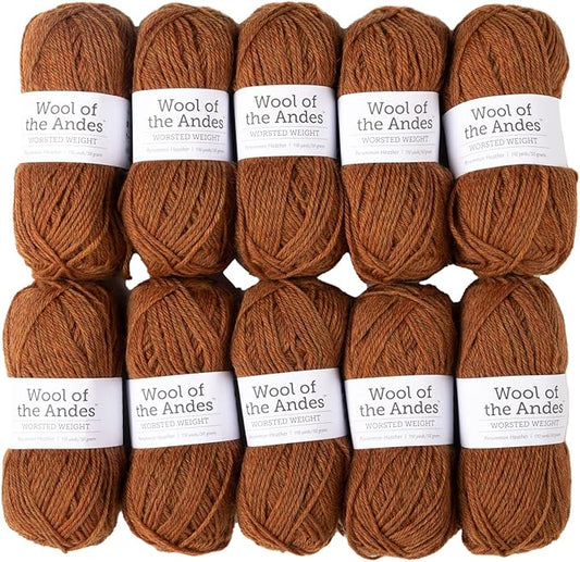 Knit Picks Wool of The Andes Yarn Pack - 10 Skeins of Brown 100% Wool Worsted Weight Yarn (Persimmon Heather)
