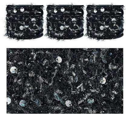 Artisanal Yarn Collection Multifiber Fancy Yarn with Metallic Silver Bow and Laser Sequins for Knitting Crocheting Crafts DIY, Set of 3 Rolls (Black & Silver)