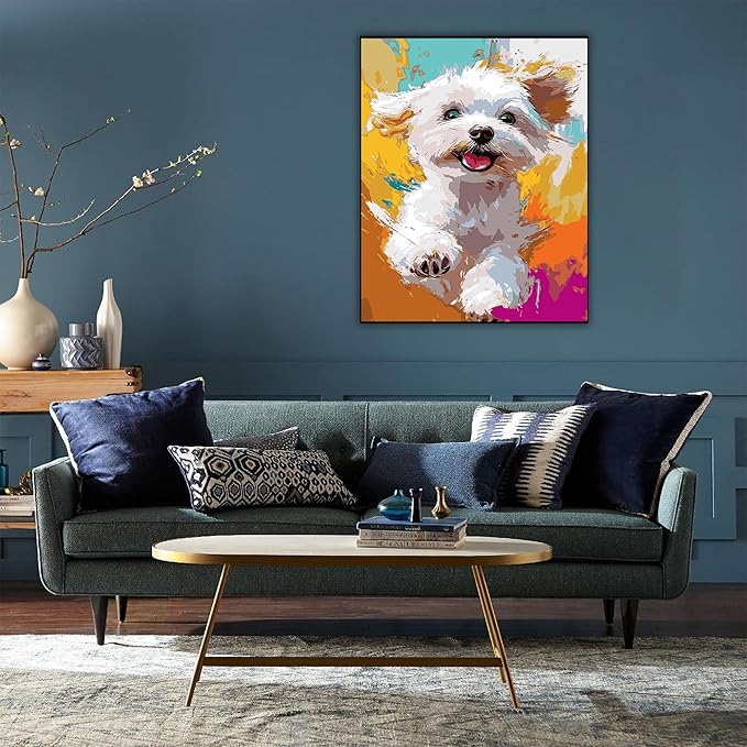 DFPSCLLA Colorful Dog Paint by Numbers for Adults, Bichon Frise DIY Paint by Numbers Acrylic Paint Canvas, Painting Kits Art on Canvas for Home Wall Art 16x20 Inch（Without Frame）