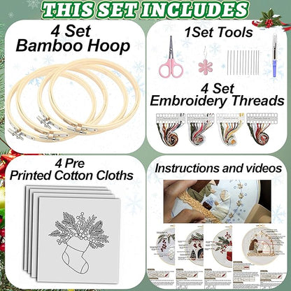 QBQBQ 4 Sets Christmas Embroidery Kits for Adults, Embroidery Kit for Beginners, Cross Stitch Kits for Beginners with Pattern, Needles, Threads, Tools (Christmas Kits B)
