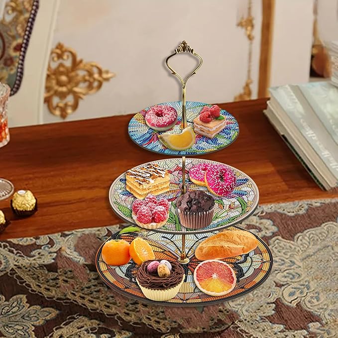 Three-Tier Diamond Painting Wooden Cake Stand DIY Sunflower Diamond Painting Cupcake Towel-Lined Tiered Tray Reusable Pastry Stand (Butterfly)
