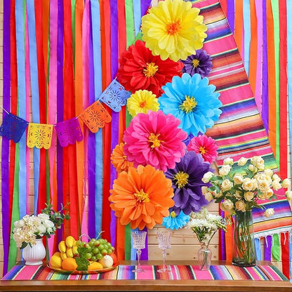 24 Pcs 10" 20" Giant Mexican Fiesta Paper Flowers Colorful Tissue Crepe Flowers Pom Poms Craft for Floral Party Backdrop Wedding Birthday Party (Classic Color)