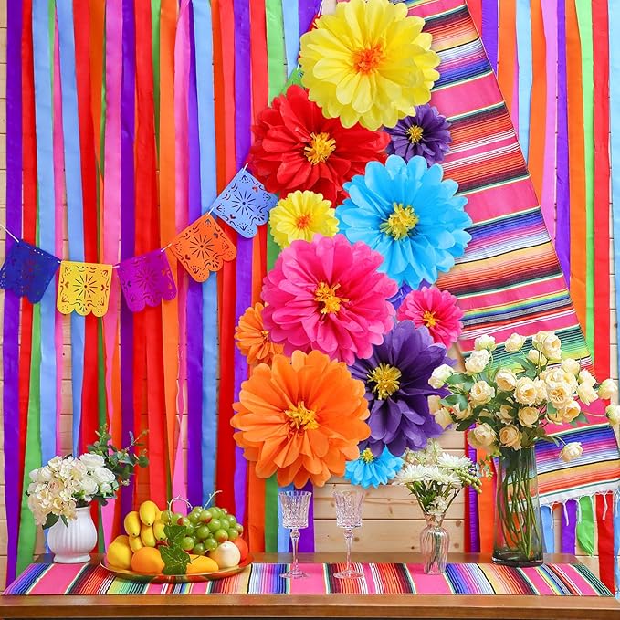 12 Pcs 10" 20" Giant Mexican Fiesta Paper Flowers Colorful Tissue Crepe Flowers Pom Poms Craft for Floral Party Backdrop Wedding Birthday Party (Classic Color)