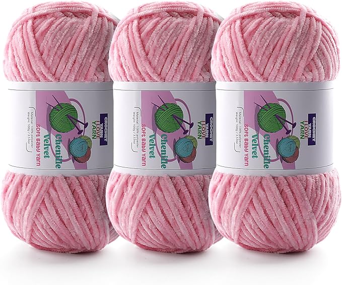 3 Skeins Soft Fluffy Velvet Yarn, Chenille Chunky Yarn for Hand Knitting and Crocheting DIY Craft, Amigurumi Crochet Yarn（3×196.8yds, 3×3.5oz） (Sakura Pink)