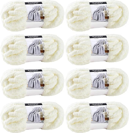 Chunky Chenille Yarn for Hand Knitting 8 Jumbo Pack Jumbo Chunky Yarn for Hand Soft Blanket Knitting, Bulky Thick Fluffy Yarn for Crocheting (Milky White)