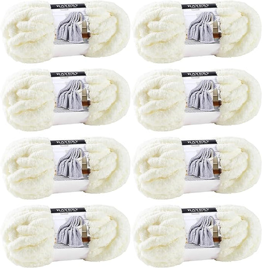 Chunky Chenille Yarn for Hand Knitting 8 Jumbo Pack Jumbo Chunky Yarn for Hand Soft Blanket Knitting, Bulky Thick Fluffy Yarn for Crocheting (Milky White)