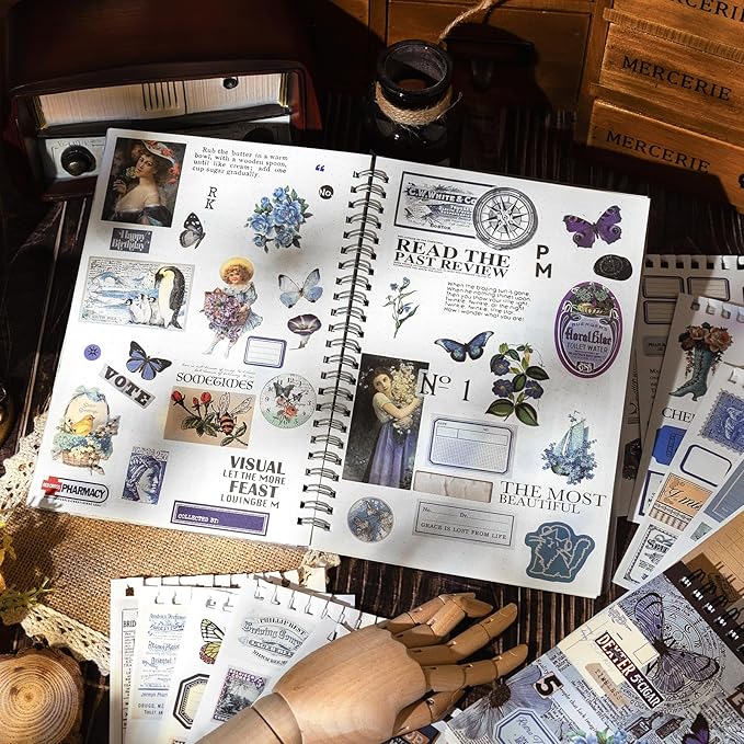 RISYPISY Pre-Cut Vintage Ephemera Washi Scrapbook Sticker Book for Scrapbooking - 50 Sheets Blue Journaling Dark Academia Stickers for Junk Journal Scrap Book Supplies Arts Frame Album, 473PCS