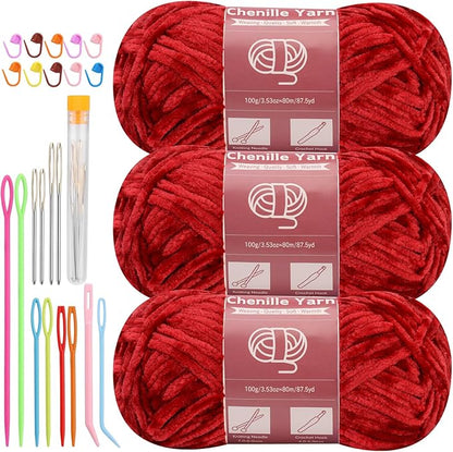 LUNARM Chenille Yarn for Crocheting Knitting, 3 Skein 263 Yard Thick Soft Chunky Fluffy Weaving Plush Yarn for Blankets Clothes Pattern Creations with Big Eye Needles (Dark Red)