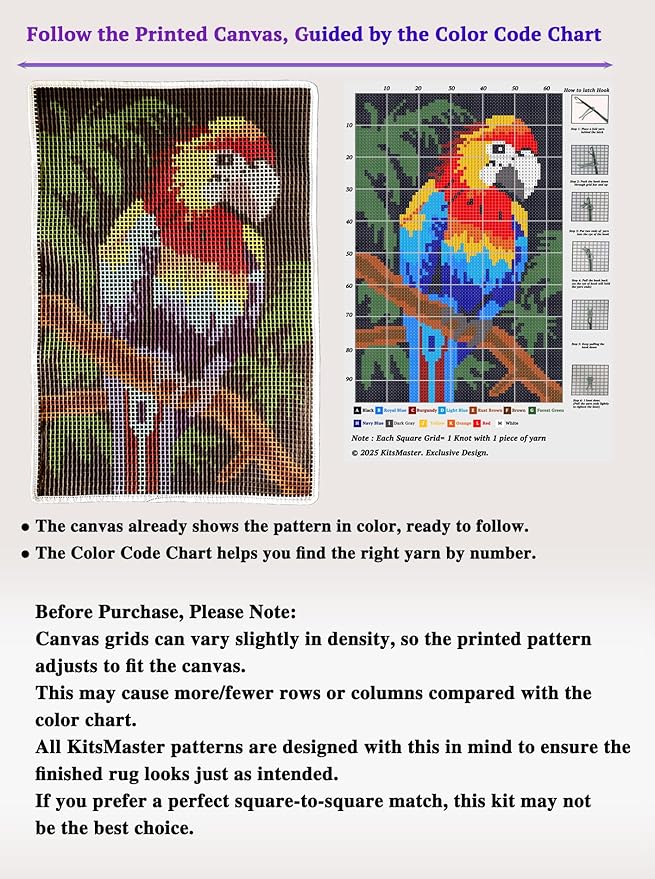 KitsMaster Bright Macaw Latch Hook Kit – Pre-Printed Canvas, Color-Coded Yarn, Tropical Décor Craft Kit, Rug Craft for Adults & Beginners, 23.6''x15.8'' (Tropical Parrot)