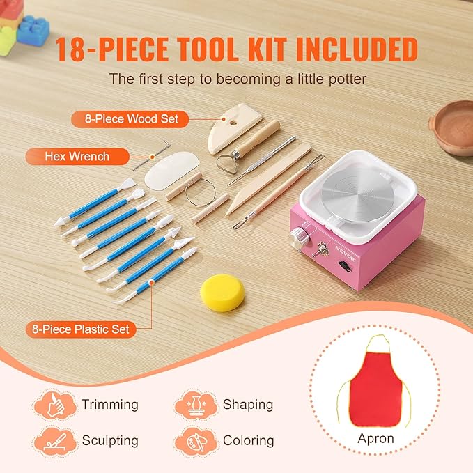VEVOR Mini Pottery Wheel for Kids & Adults Beginners, 2 Turntables 2.6in/3.9in & Two-Way Rotation, Adjustable Speed, Complete Pottery Kit with 18 Accessories for Girls Birthday Christmas Gifts, Pink