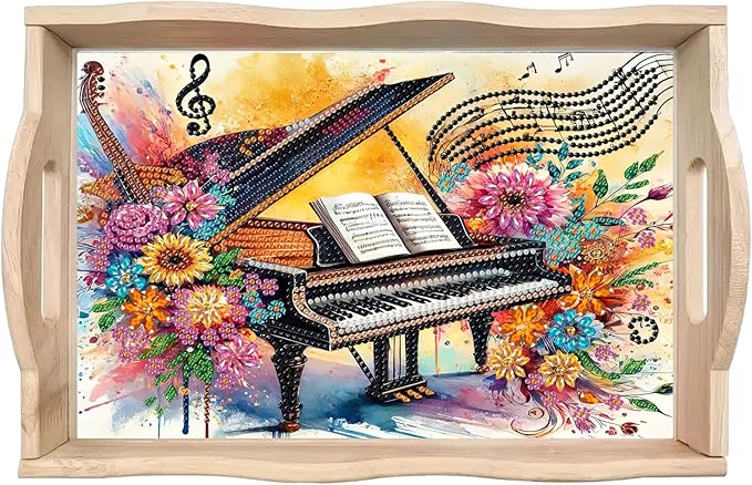 DoxQcs DIY Diamond Art Wooden Tray Kit Easter Food Tray with Handle Diamond Painted Table Decoration Tray for Breakfast Bar Dinner Table Diamond Art Painting for Beginners-#04-Piano