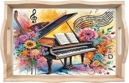 DoxQcs DIY Diamond Art Wooden Tray Kit Easter Food Tray with Handle Diamond Painted Table Decoration Tray for Breakfast Bar Dinner Table Diamond Art Painting for Beginners-#04-Piano
