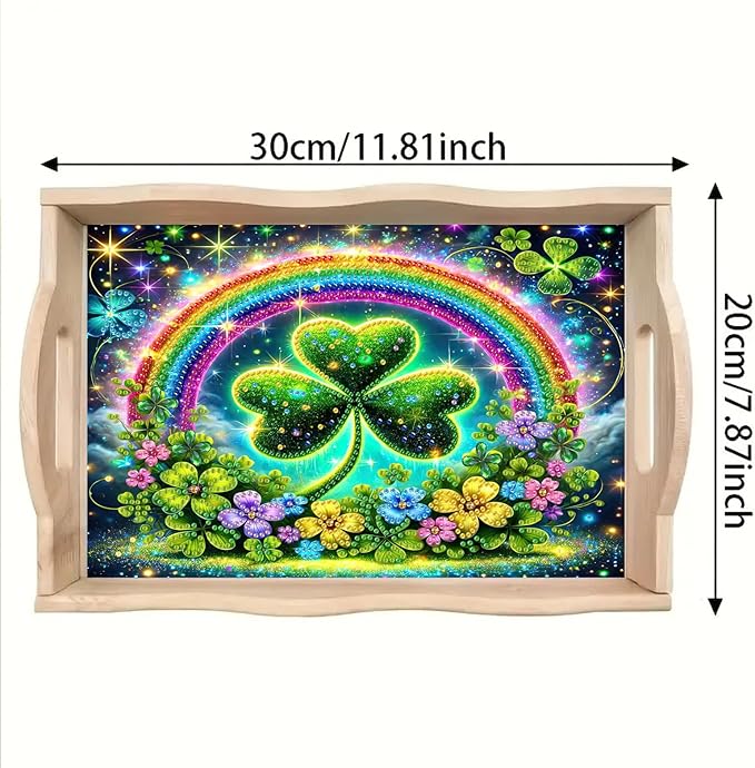 DoxQcs DIY Diamond Art Wooden Tray Kit Easter Food Tray with Handle Diamond Painted Table Decoration Tray for Breakfast Bar Dinner Table Diamond Art Painting for Beginners-#06-Rainbow Clover