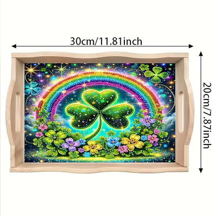 DoxQcs DIY Diamond Art Wooden Tray Kit Easter Food Tray with Handle Diamond Painted Table Decoration Tray for Breakfast Bar Dinner Table Diamond Art Painting for Beginners-#06-Rainbow Clover