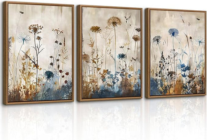 WENGTIAO 3Pcs Vintage Framed Canvas Wall Art Prints Flowers Posters Pictures Boho Brown Blue Blooms Paintings Nature Floral Botanical Artwork for Living Room Bedroom Bathroom Office 16x24x3