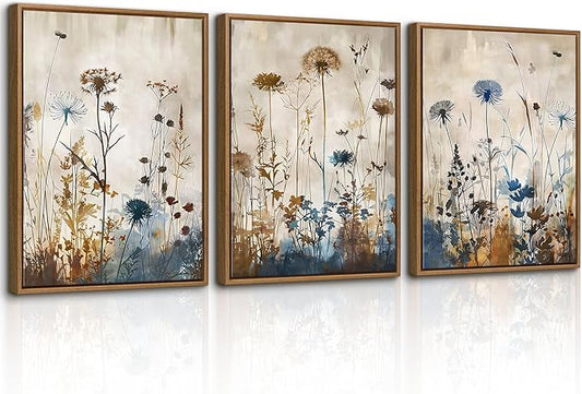 WENGTIAO 3Pcs Vintage Framed Canvas Wall Art Prints Flowers Posters Pictures Boho Brown Blue Blooms Paintings Nature Floral Botanical Artwork for Living Room Bedroom Bathroom Office 16x24x3