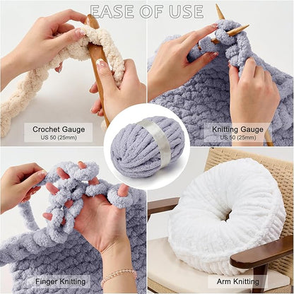 ERLYEEN Chenille Chunky Yarn Super Bulky Soft Thick Fluffy Jumbo Giant Washable Polyester Big Yarn DIY for Arm Knit Blanket Cushion Bed Sofa Home Decor,Light Grey,0.55LB