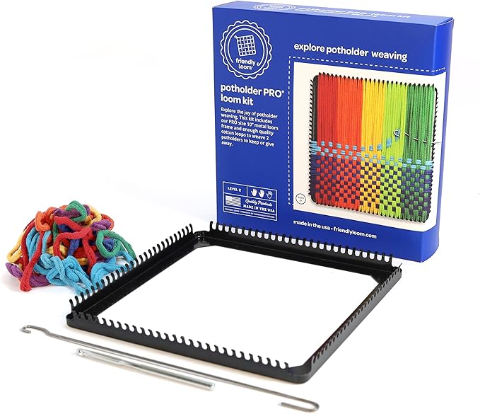 Harrisville Designs Friendly Loom Potholder Pro Weaving Kit | 10”x10” Sturdy Metal Loom and Quality Cotton Weaving Loops | Complete Kit to Weave 2 Large, Durable Potholders | Made in The USA