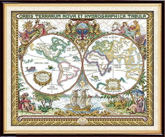 Funcrostitch Counted Cross Stitch Kits for Beginners,14ct Unprinted Pattern Embroidery Kit Dmc Cotton Threads Needleworks for Adults-Old World Map 13.8"×16.5"