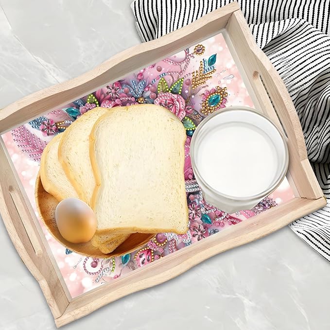 DIY Diamond Art Wooden Tray Kit, Food Tray with Handle Diamond Painted Table Decoration, for Breakfast, Bar, Dinner Table - #36-2PC