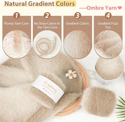 Coopay Ombre Yarn for Crocheting and Knitting - 4 Pack Dual Gradient Yarn Cake with Plush of 100g/3.52oz - 190m/207yds - 38% Wool, 40% Nylon, 22% Acrylic for Sweaters, Hats, Scarves (Mocha)