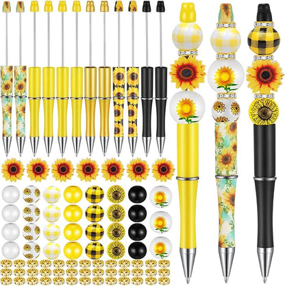Geyee 12 Set Plastic Beadable Pens Assorted Bead Pens Crystal Wood Round Spacer Set Black Ink DIY Ballpoint for Women Men Gift Office Supplies(Sunflower)