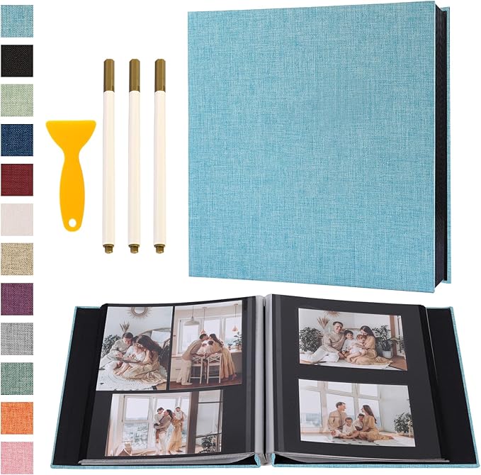 Photo Album Self Adhesive Pages Black Sticky Pages Large Scrapbook Linen Cover for 4x6 5x7 8x10 Pictures Album de Fotos Wedding Couples Baby Family Memory Book, 13.2x12.8 Light Blue 120 Pages