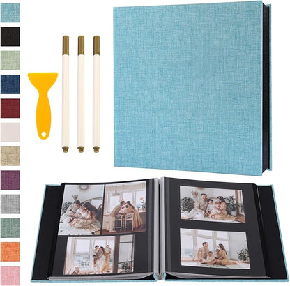 Photo Album Self Adhesive Pages Black Sticky Pages Large Scrapbook Linen Cover for 4x6 5x7 8x10 Pictures Album de Fotos Wedding Couples Baby Family Memory Book, 13.2x12.8 Light Blue 120 Pages