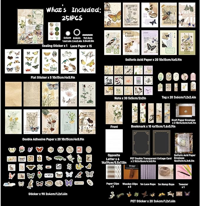 251PCS Vintage Scrapbook Supplies Pack, Scrapbooking Paper and Stickers Ephemera Bundle Junk Journal Kit for Art Aesthetic Journaling Collage Decoupage Craft (Flowers and Birds)