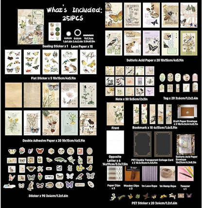 251PCS Vintage Scrapbook Supplies Pack, Scrapbooking Paper and Stickers Ephemera Bundle Junk Journal Kit for Art Aesthetic Journaling Collage Decoupage Craft (Flowers and Birds)