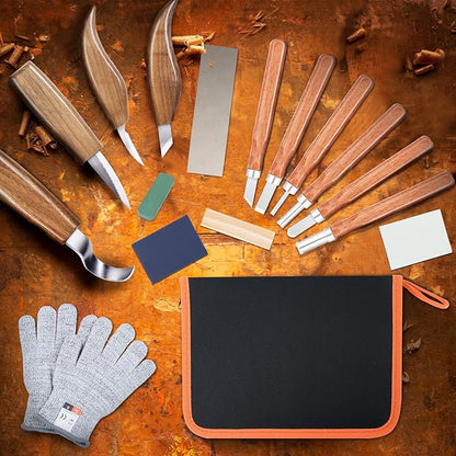 Ninonly 17Pcs Wood Carving Tools Kit - Beginner's Wood Whittling Set with 6Pcs Carbon Steel Knife, Gloves, Knife Sharpener for Spoon, Bowl, Kuksa Cup
