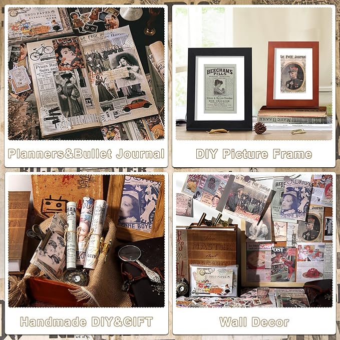 Draupnir 200pcs Vintage Junk Journal Supplies,Scrapbook Supplies Scrapbooking Paper and Stickers Ephemera for Art Aesthetic Journaling Kit Collage (Vintage)