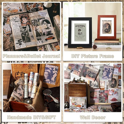 Draupnir 200pcs Vintage Junk Journal Supplies,Scrapbook Supplies Scrapbooking Paper and Stickers Ephemera for Art Aesthetic Journaling Kit Collage (Vintage)